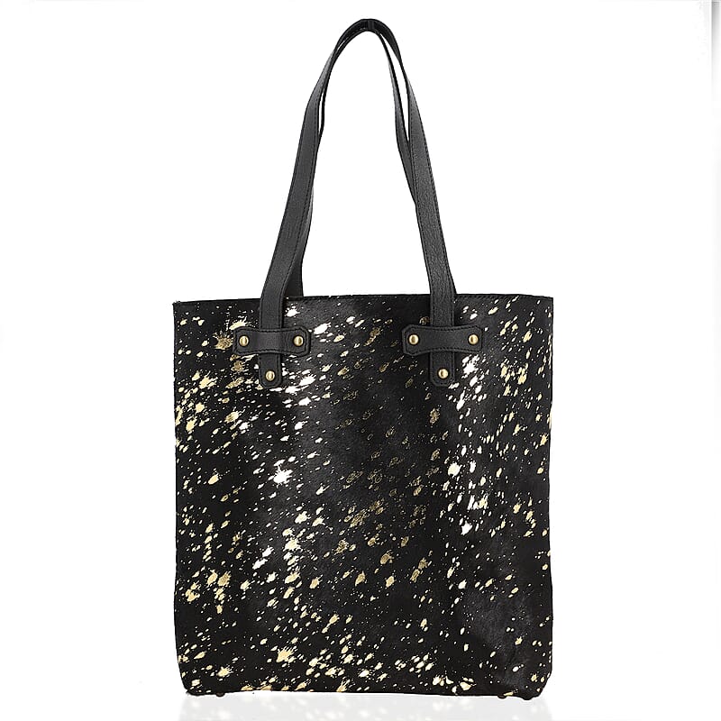 Black and Golden Genuine Cowhide Leather Tote Bag