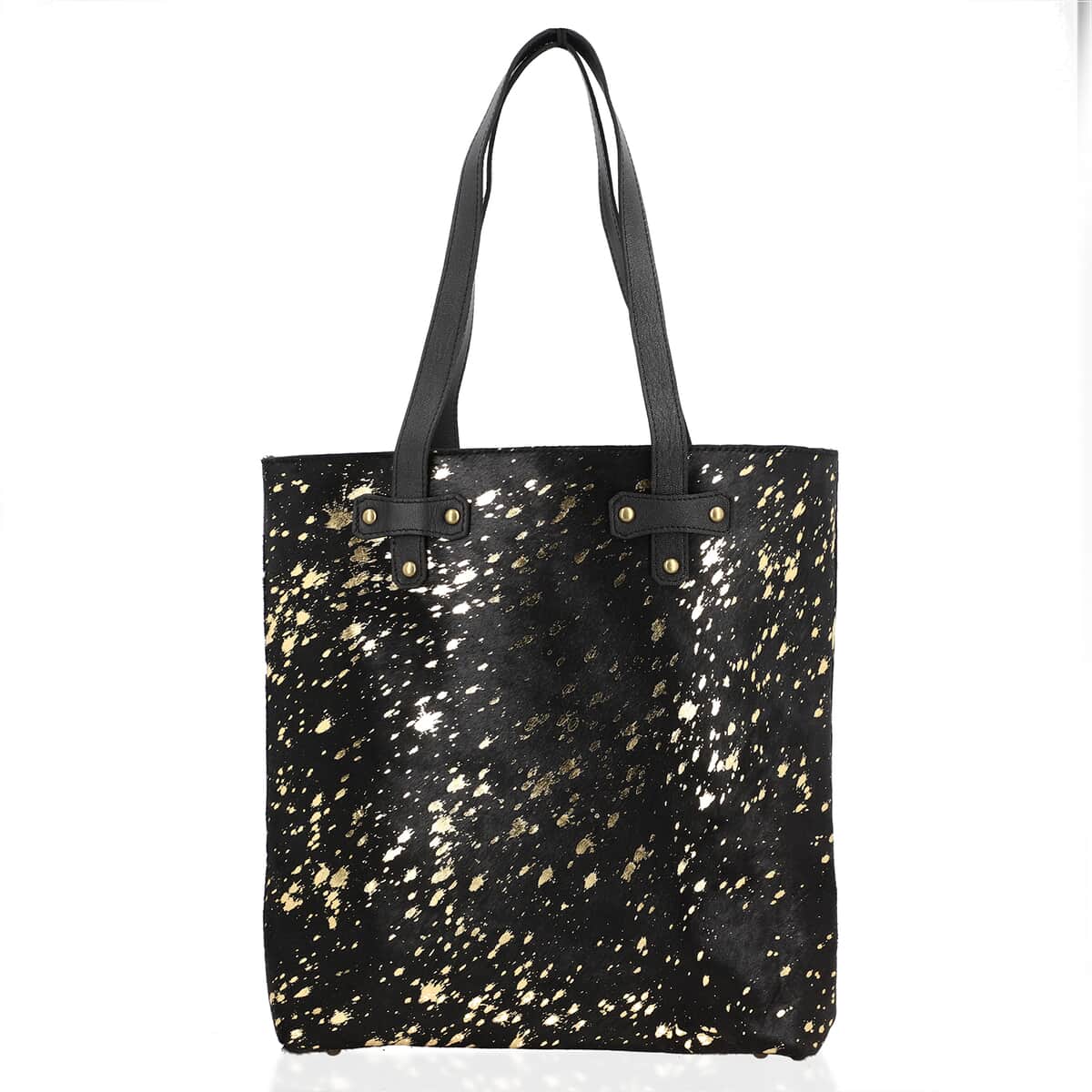 Black and Golden Genuine Cowhide Leather Tote Bag image number 0