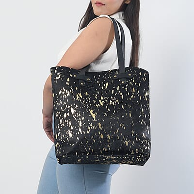 Black and Golden Genuine Cowhide Leather Tote Bag
