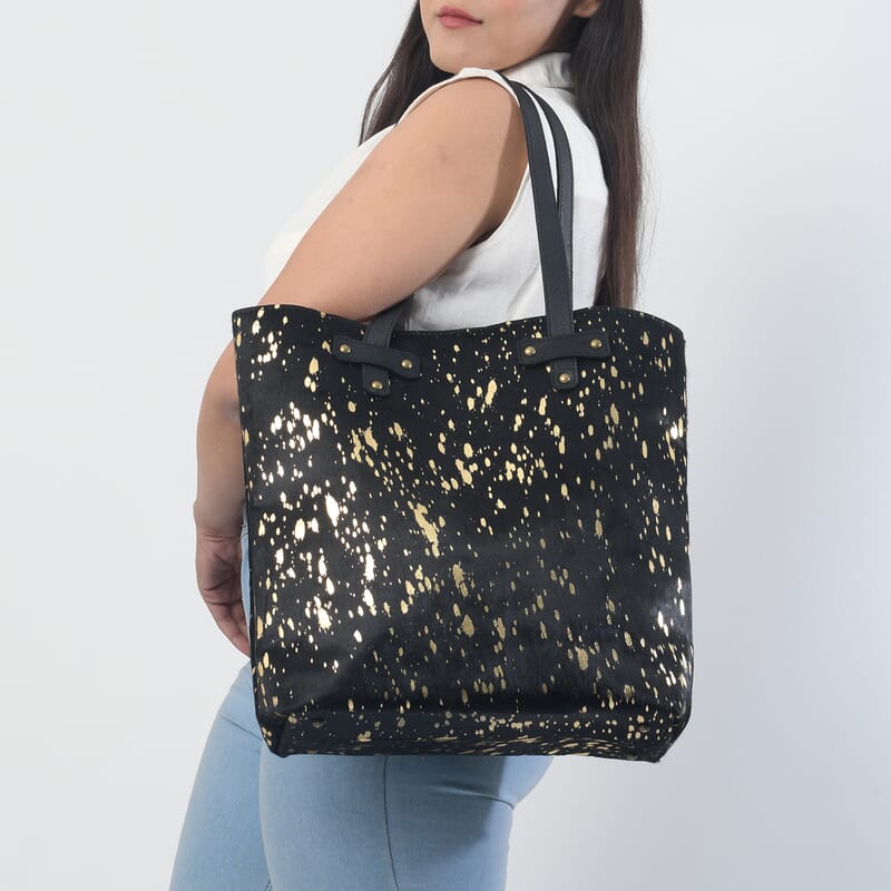 Black and Golden Genuine Cowhide Leather Tote Bag