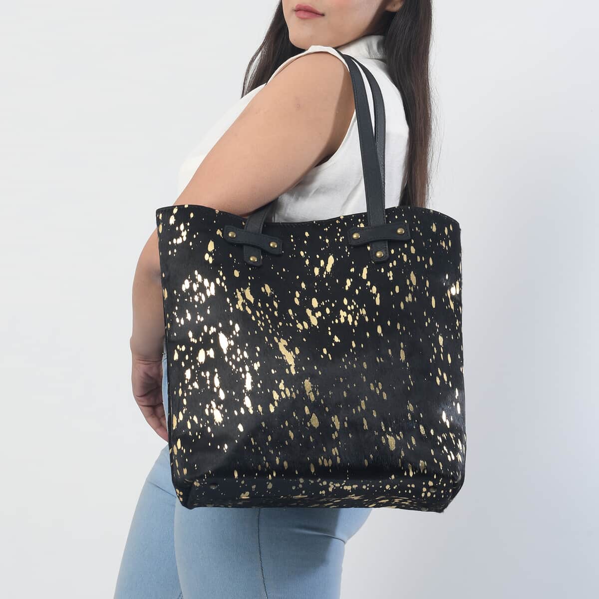 Black and Golden Genuine Cowhide Leather Tote Bag image number 1