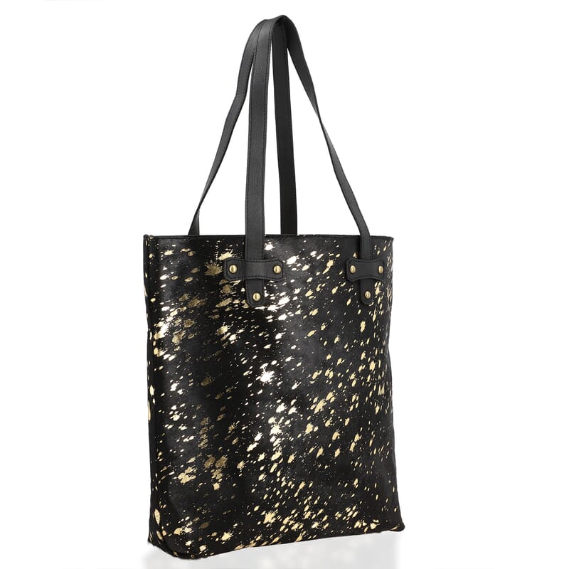 Black and Golden Genuine Cowhide Leather Tote Bag