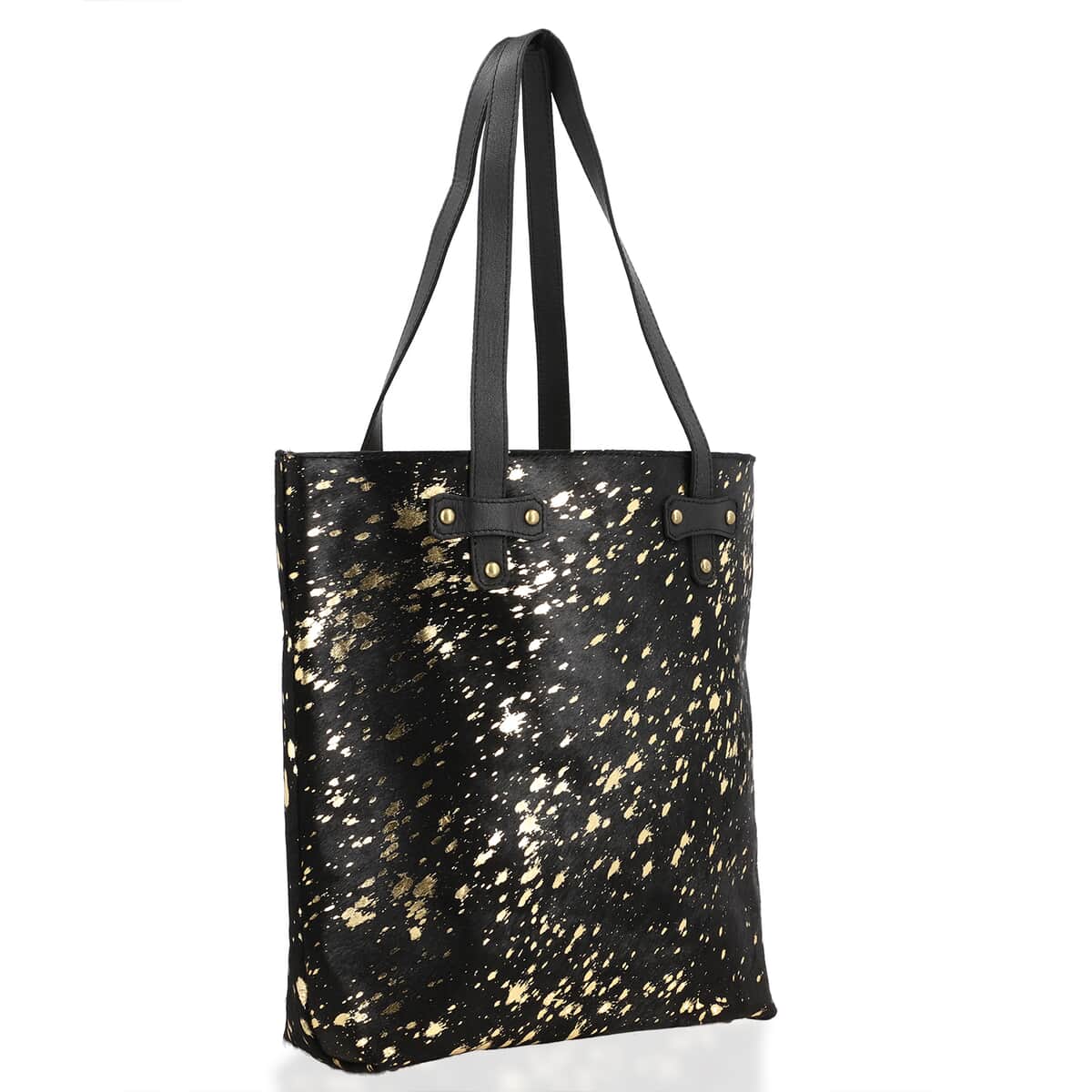 Black and Golden Genuine Cowhide Leather Tote Bag image number 2