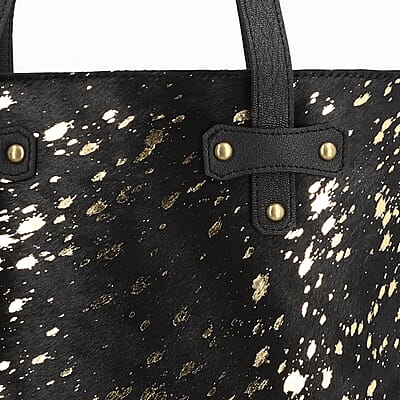 Black and Golden Genuine Cowhide Leather Tote Bag