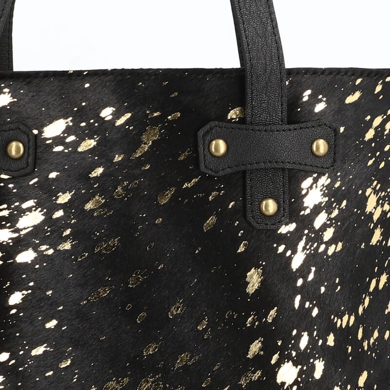 Black and Golden Genuine Cowhide Leather Tote Bag
