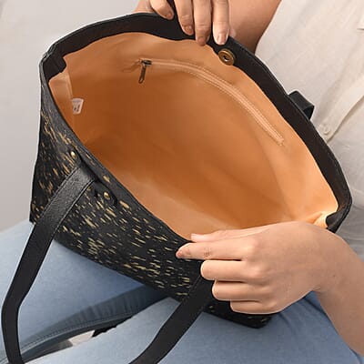 Black and Golden Genuine Cowhide Leather Tote Bag