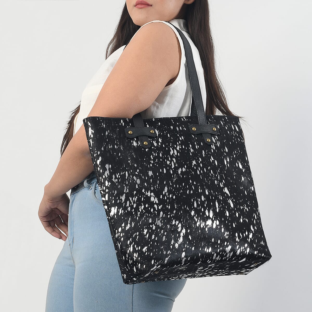 Black and Silver Genuine Cowhide Leather Tote Bag image number 1