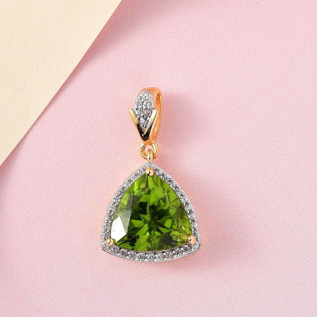 Premium Peridot and White Zircon Pendant in Vermeil Yellow Gold Over Sterling Silver 3.65 ctw image number 2