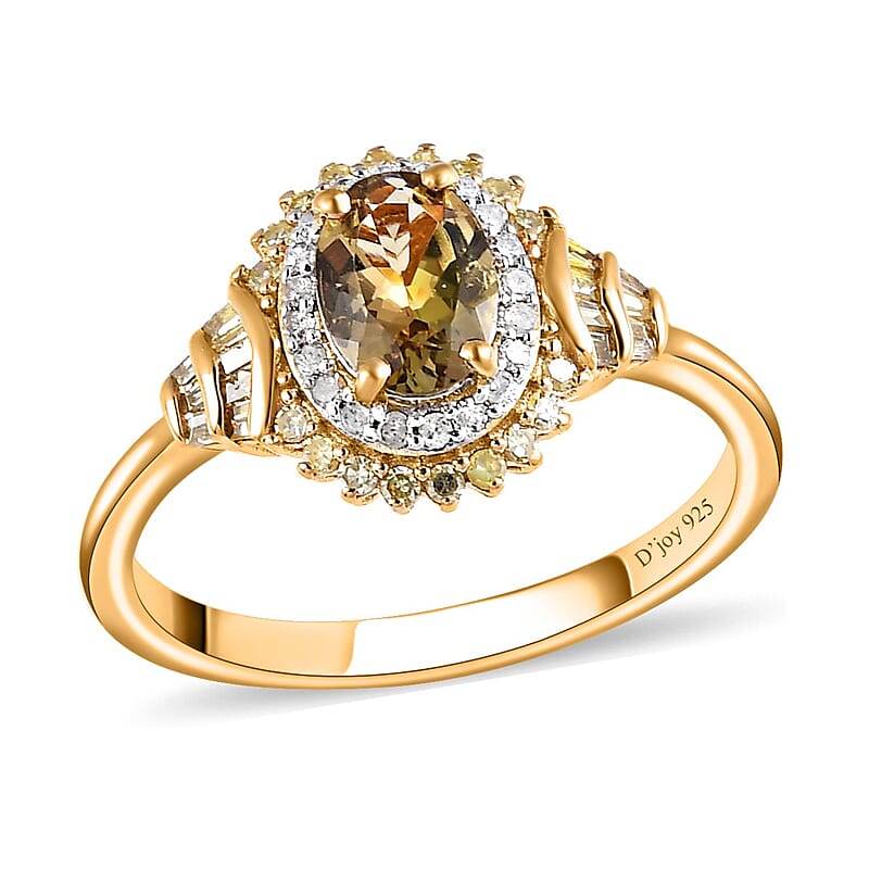 Golden Tanzanite, Natural Yellow and White Diamond Cocktail Ring in Vermeil Yellow Gold Over Sterling Silver (Size 10.0) 1.15 ctw