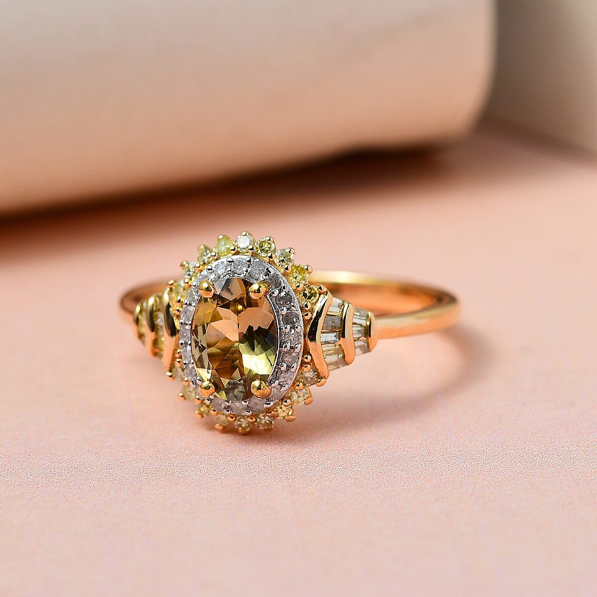 Ethiopian Emerald, Natural Champagne and White Diamond Cocktail Ring in Vermeil Yellow Gold Over Sterling Silver (Size 10.0) 1.30 ctw image number 1