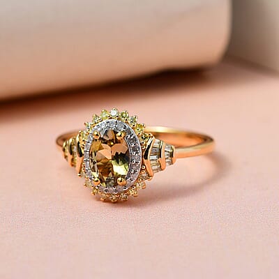 Golden Tanzanite, Natural Yellow and White Diamond Cocktail Ring in Vermeil Yellow Gold Over Sterling Silver (Size 10.0) 1.15 ctw