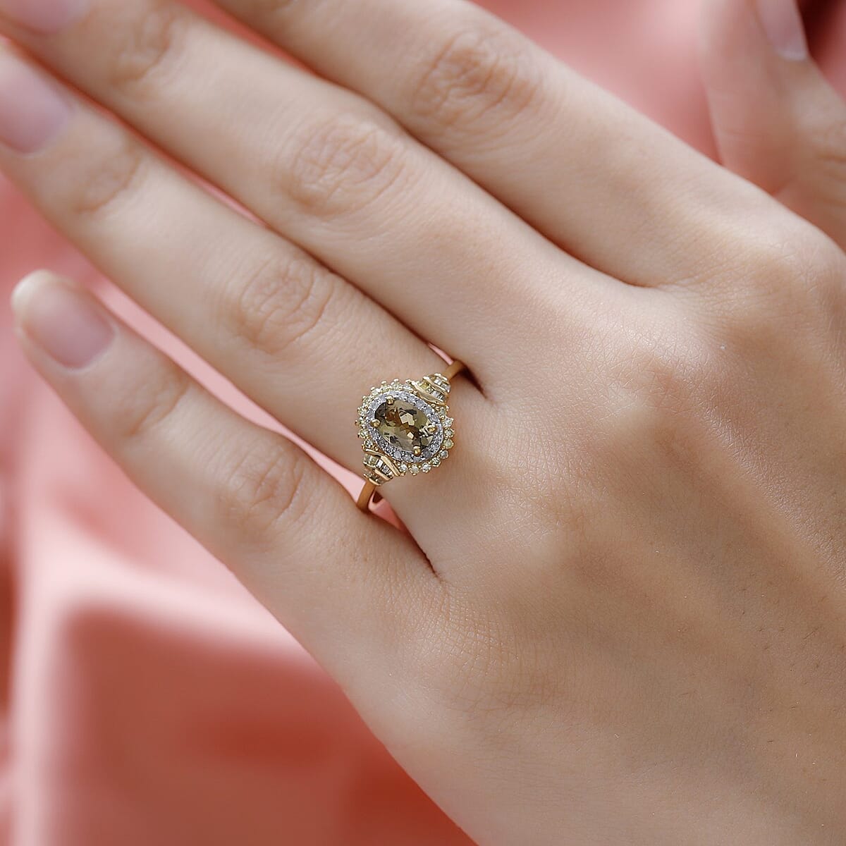 Ethiopian Emerald, Natural Champagne and White Diamond Cocktail Ring in Vermeil Yellow Gold Over Sterling Silver (Size 10.0) 1.30 ctw image number 2