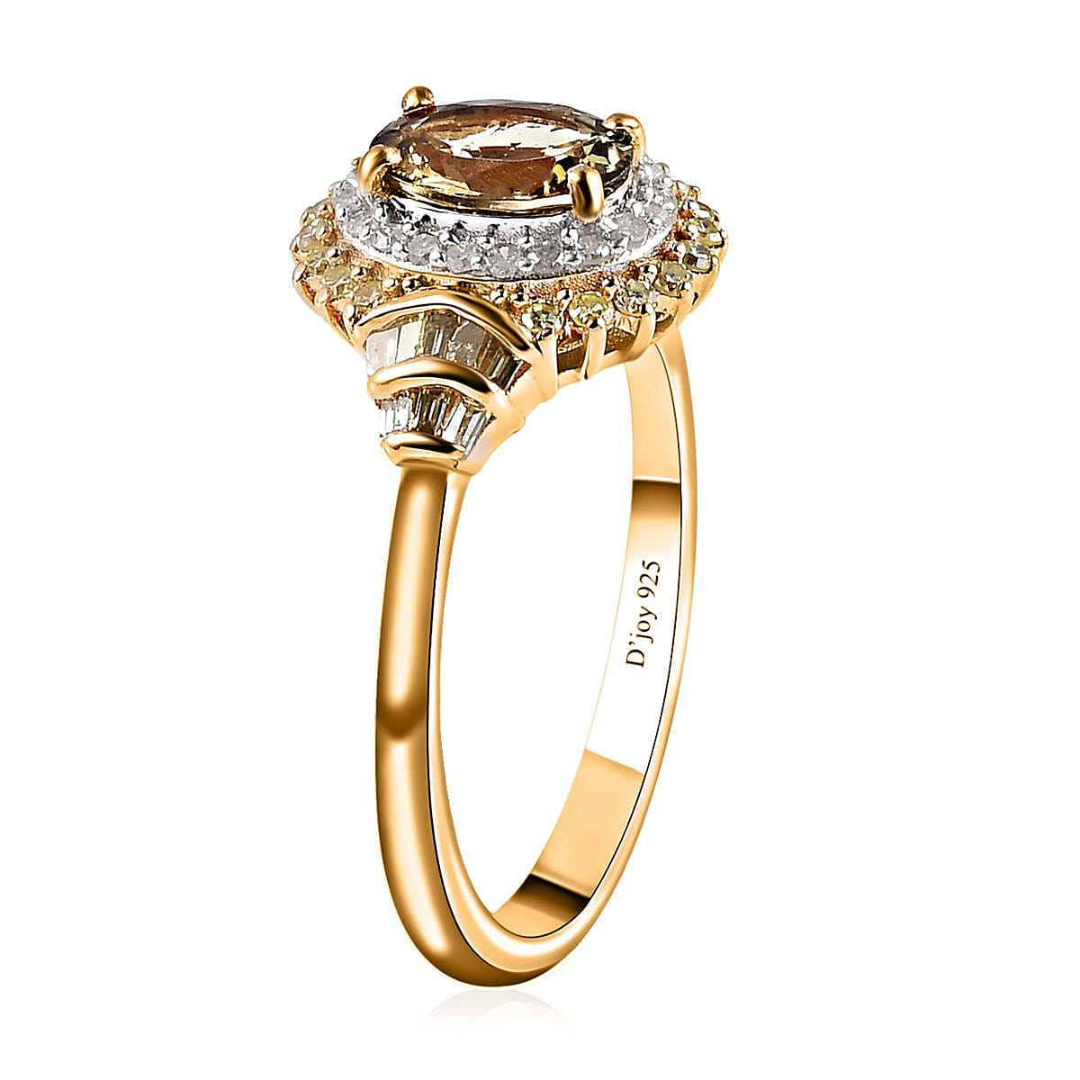 Ethiopian Emerald, Natural Champagne and White Diamond Cocktail Ring in Vermeil Yellow Gold Over Sterling Silver (Size 10.0) 1.30 ctw image number 3