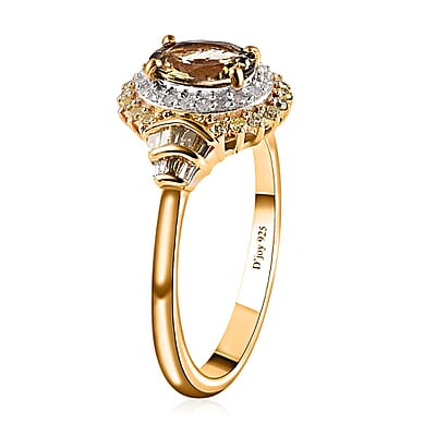 Golden Tanzanite, Natural Yellow and White Diamond Cocktail Ring in Vermeil Yellow Gold Over Sterling Silver (Size 10.0) 1.15 ctw