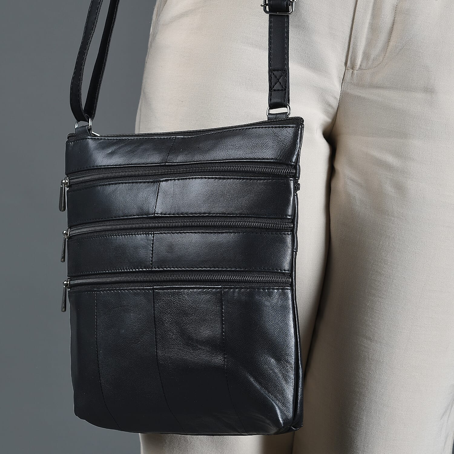 Black Genuine Leather Crossbody Bag with Adjustable Strap