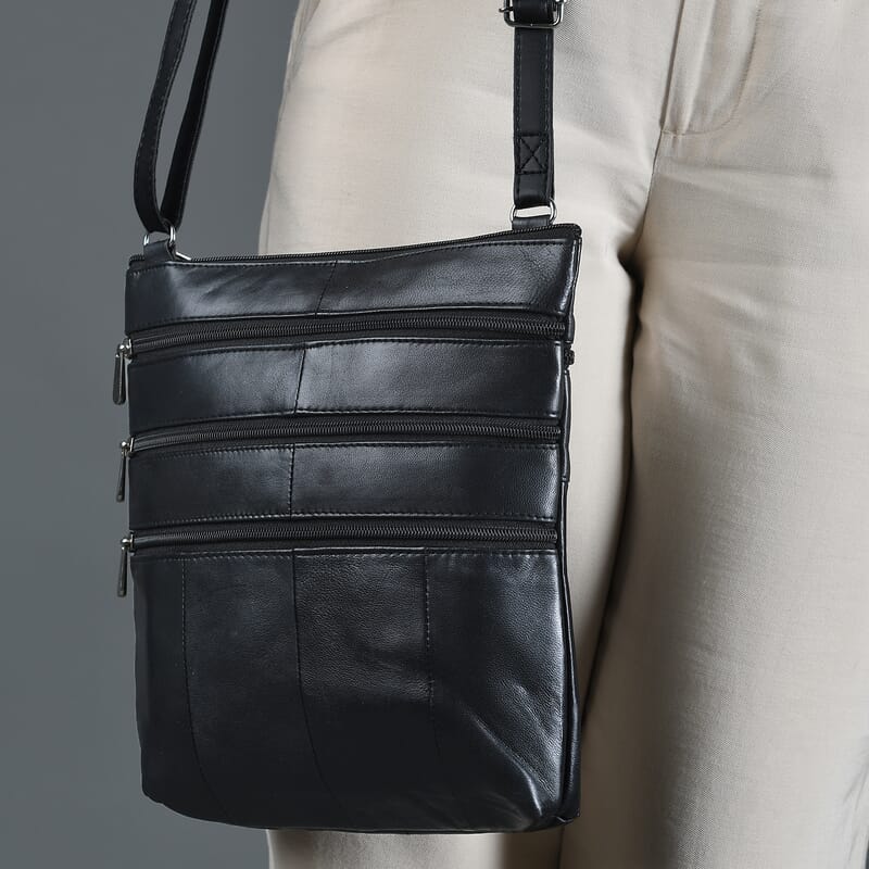 Black Genuine Leather Crossbody Bag with Adjustable Strap