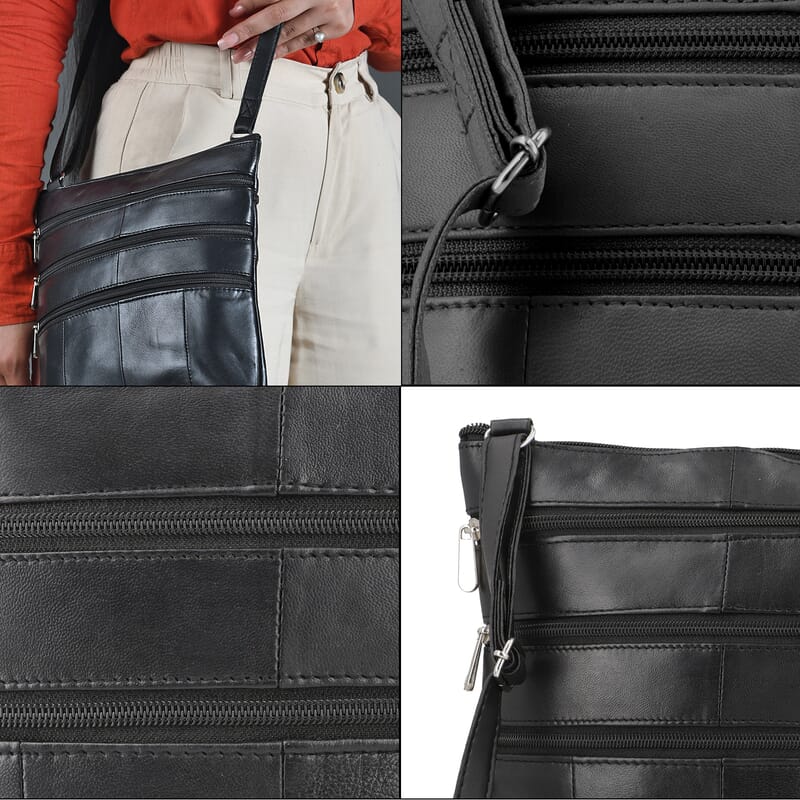 Black Genuine Leather Crossbody Bag with Adjustable Strap