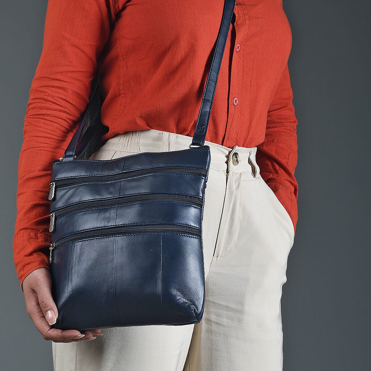 Navy Genuine Leather Crossbody Bag with Adjustable Strap image number 2