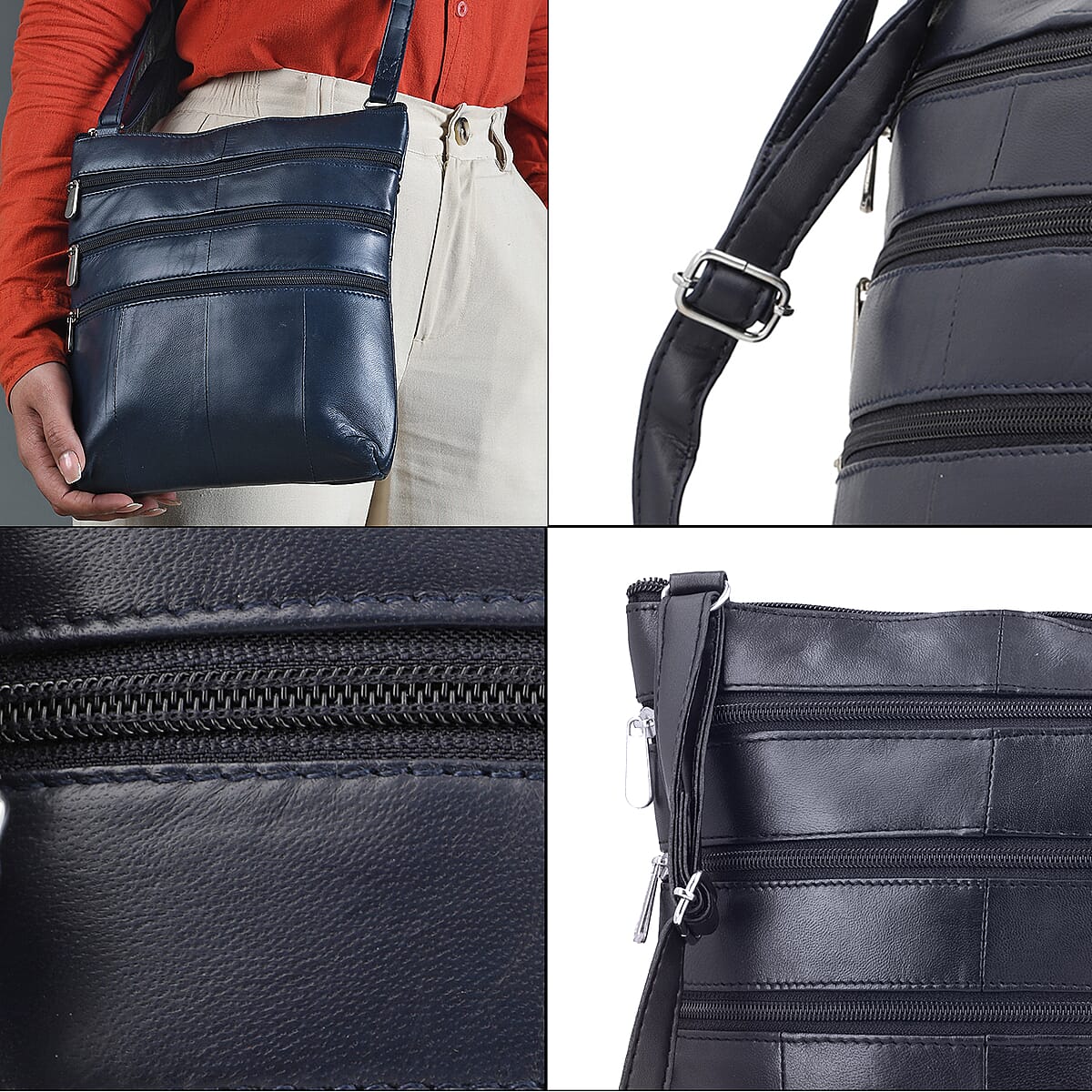 Navy Genuine Leather Crossbody Bag with Adjustable Strap image number 5