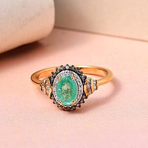 Ethiopian Emerald, Natural Champagne and White Diamond Cocktail Ring in Vermeil Yellow Gold Over Sterling Silver (Size 6.0) 1.20 ctw