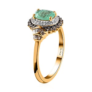 Ethiopian Emerald, Natural Champagne and White Diamond Cocktail Ring in Vermeil Yellow Gold Over Sterling Silver (Size 6.0) 1.20 ctw