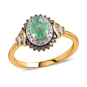 Ethiopian Emerald, Natural Champagne and White Diamond Cocktail Ring in Vermeil Yellow Gold Over Sterling Silver (Size 8.0) 1.20 ctw