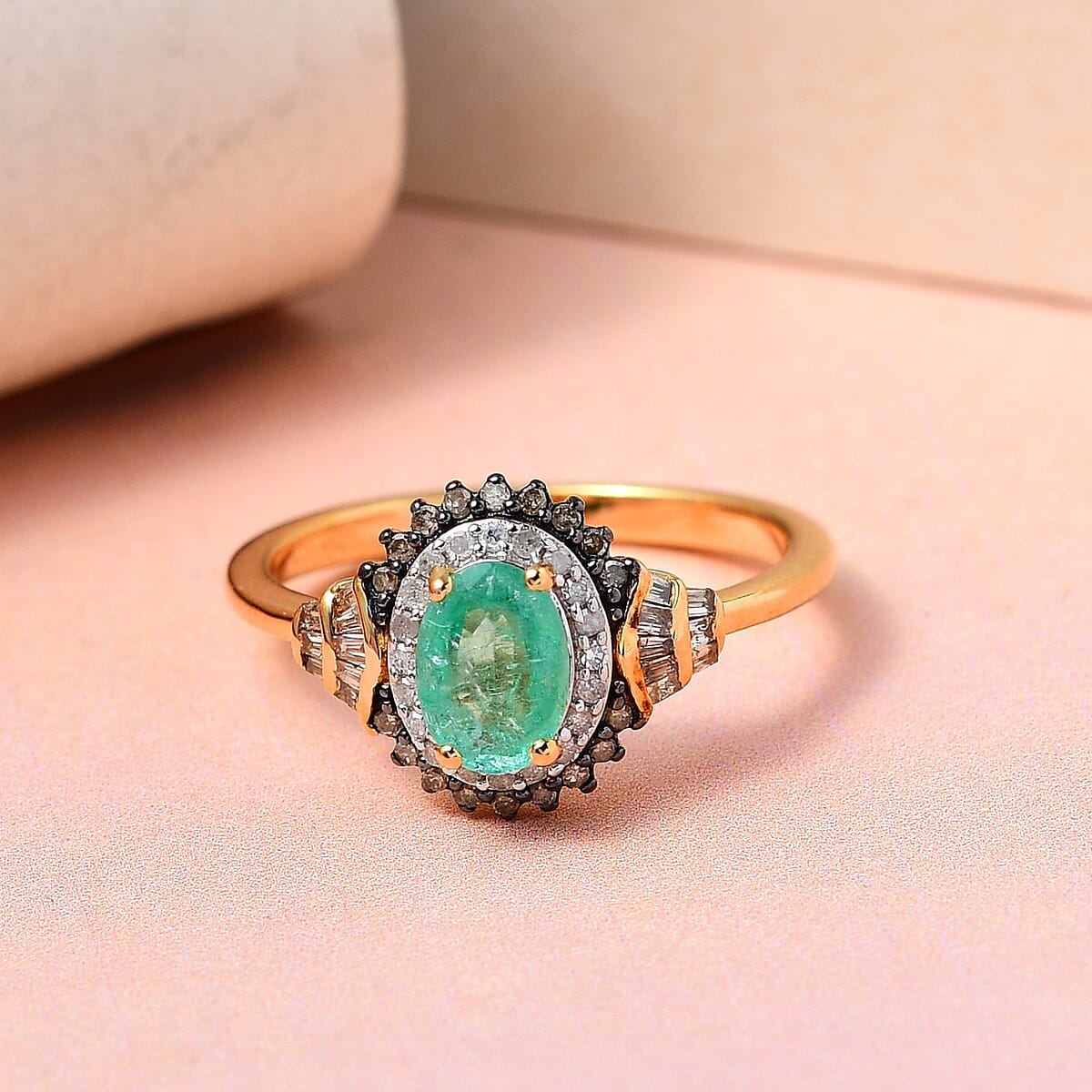 Ethiopian Emerald, Natural Champagne and White Diamond Cocktail Ring in Vermeil Yellow Gold Over Sterling Silver (Size 8.0) 1.20 ctw image number 1