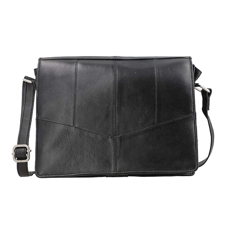 India International Leather Fair Closeout Black Genuine Leather Messenger Bag