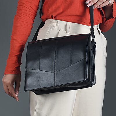 India International Leather Fair Closeout Black Genuine Leather Messenger Bag