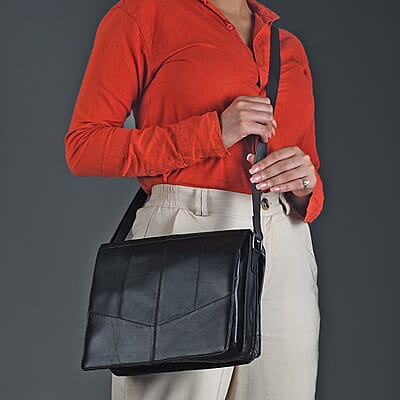 India International Leather Fair Closeout Black Genuine Leather Messenger Bag