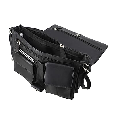 India International Leather Fair Closeout Black Genuine Leather Messenger Bag