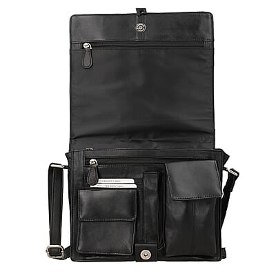 India International Leather Fair Closeout Black Genuine Leather Messenger Bag