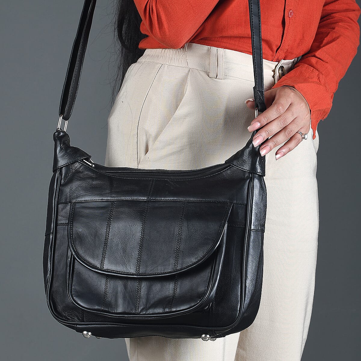 India International Leather Fair Closeout Black Genuine Leather Messenger Bag image number 2