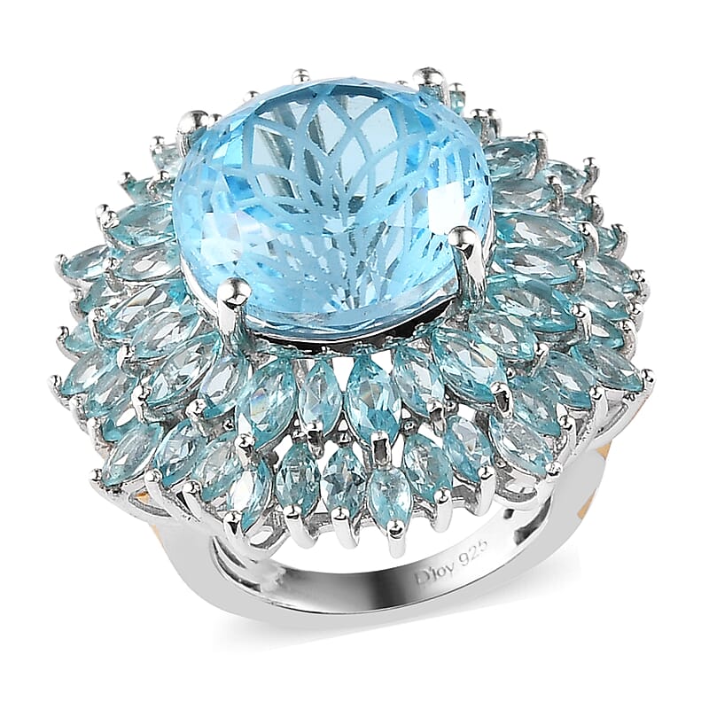 Dahlia Cut Swiss Blue Topaz and Madagascar Paraiba Apatite Floral Ring in Vermeil Yellow Gold and Platinum Over Sterling Silver (Size 10.0) 8.90 Grams 22.75 ctw