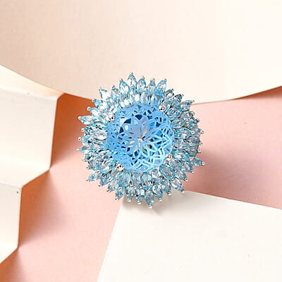 Dahlia Cut Swiss Blue Topaz and Madagascar Paraiba Apatite Floral Ring in Vermeil Yellow Gold and Platinum Over Sterling Silver (Size 10.0) 8.90 Grams 22.75 ctw