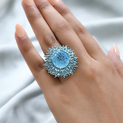Dahlia Cut Swiss Blue Topaz and Madagascar Paraiba Apatite Floral Ring in Vermeil Yellow Gold and Platinum Over Sterling Silver (Size 10.0) 8.90 Grams 22.75 ctw