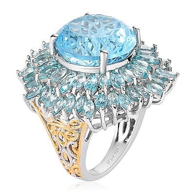 Dahlia Cut Swiss Blue Topaz and Madagascar Paraiba Apatite Floral Ring in Vermeil Yellow Gold and Platinum Over Sterling Silver (Size 10.0) 8.90 Grams 22.75 ctw