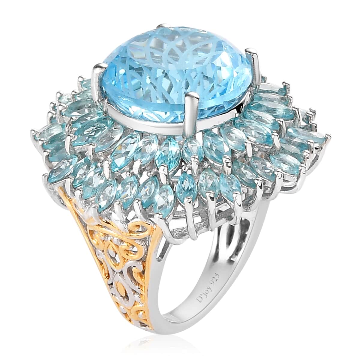 Blue Topaz and Madagascar Paraiba Apatite Floral Ring in Vermeil Yellow Gold and Platinum Over Sterling Silver (Size 10.0) 8.90 Grams 22.85 ctw image number 3