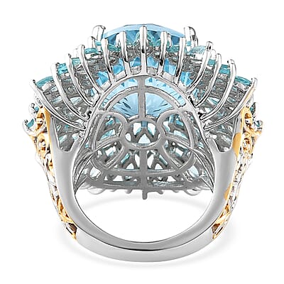 Dahlia Cut Swiss Blue Topaz and Madagascar Paraiba Apatite Floral Ring in Vermeil Yellow Gold and Platinum Over Sterling Silver (Size 10.0) 8.90 Grams 22.75 ctw