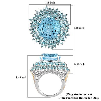 Dahlia Cut Swiss Blue Topaz and Madagascar Paraiba Apatite Floral Ring in Vermeil Yellow Gold and Platinum Over Sterling Silver (Size 10.0) 8.90 Grams 22.75 ctw