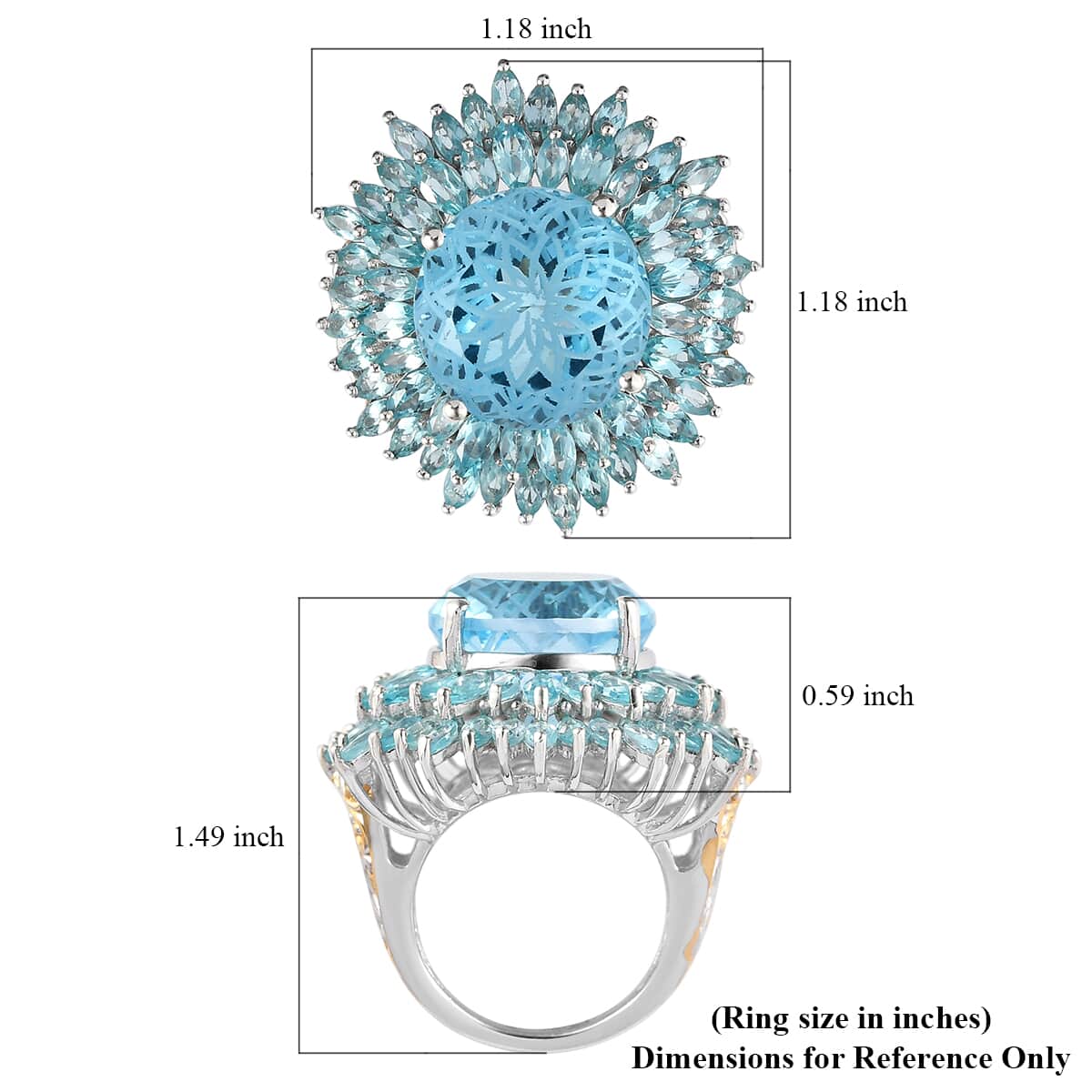 Blue Topaz and Madagascar Paraiba Apatite Floral Ring in Vermeil Yellow Gold and Platinum Over Sterling Silver (Size 10.0) 8.90 Grams 22.85 ctw image number 5
