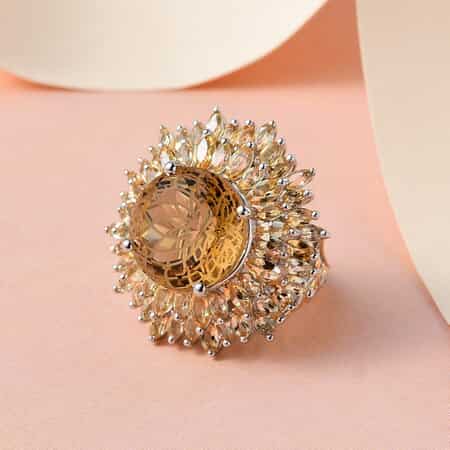 Dahlia Cut Premium Brazilian Citrine Floral Ring in Vermeil Yellow Gold and Platinum Over Sterling Silver (Size 10.0) 8.80 Grams 18.20 ctw image number 1