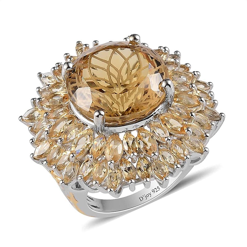 Dahlia Cut Premium Brazilian Citrine Floral Ring in Vermeil Yellow Gold and Platinum Over Sterling Silver (Size 7.0) 18.20 ctw