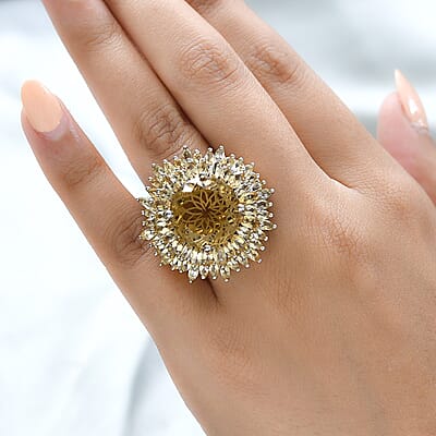 Dahlia Cut Premium Brazilian Citrine Floral Ring in Vermeil Yellow Gold and Platinum Over Sterling Silver (Size 7.0) 18.20 ctw