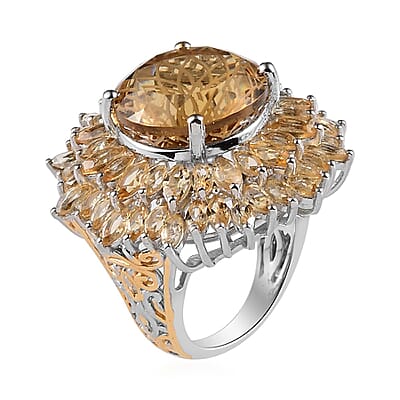 Dahlia Cut Premium Brazilian Citrine Floral Ring in Vermeil Yellow Gold and Platinum Over Sterling Silver (Size 7.0) 18.20 ctw
