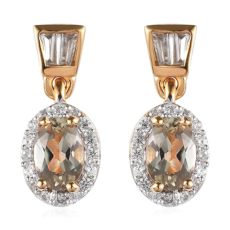 AAA Turkizite and Natural White Zircon Dangling Earrings in Vermeil Yellow Gold Over Sterling Silver 1.65 ctw