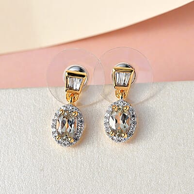 AAA Turkizite and Natural White Zircon Dangling Earrings in Vermeil Yellow Gold Over Sterling Silver 1.65 ctw