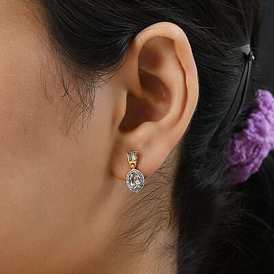 AAA Turkizite and Natural White Zircon Dangling Earrings in Vermeil Yellow Gold Over Sterling Silver 1.65 ctw