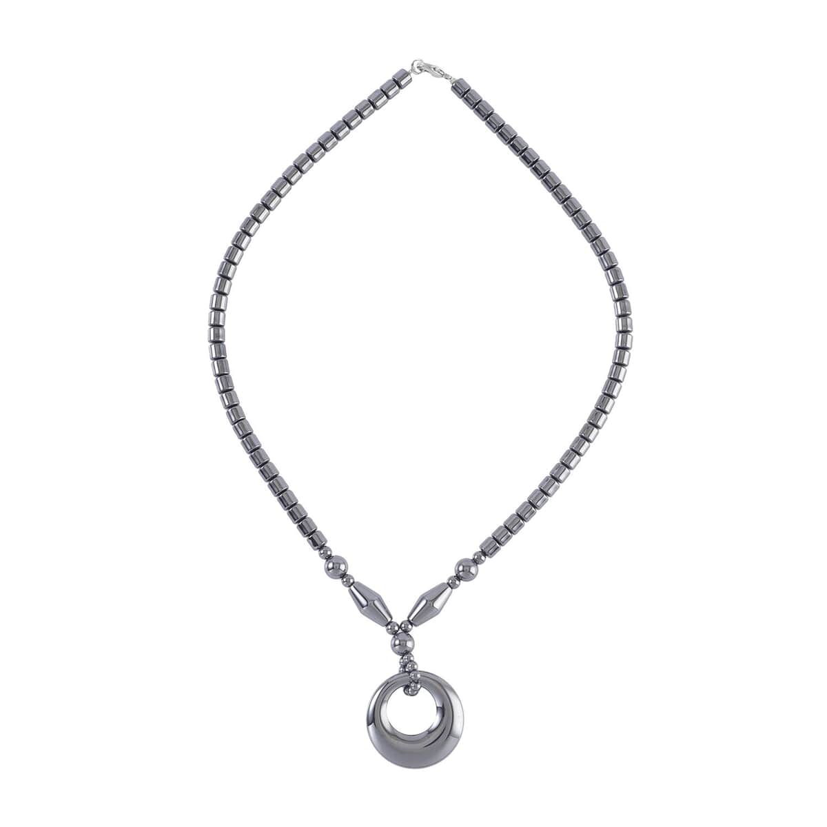 Hematite Beaded Necklace with Open Circle Charm 18 Inches in Silvertone 266.00 ctw image number 0