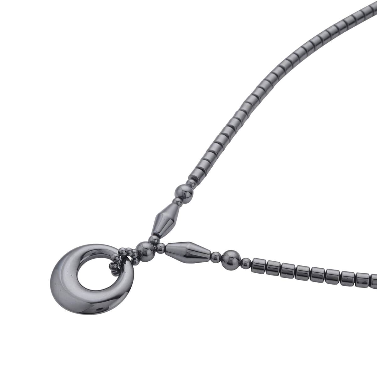 Hematite Beaded Necklace with Open Circle Charm 18 Inches in Silvertone 266.00 ctw image number 2